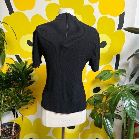Vintage 1990s St. John Knit Black Ribbed Mock Neck Short Sleeve Back Zip Blouse - Picture 5 of 8